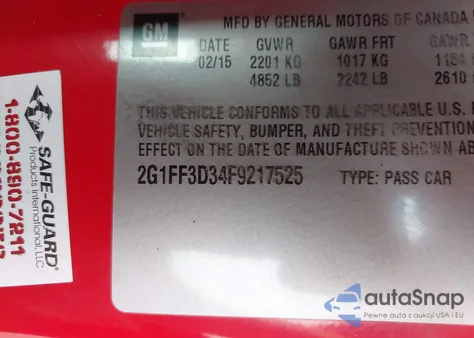 2015 Chevrolet Camaro 2Lt z USA, uszkodzony, nr VIN 2G1FF3D34F9247625